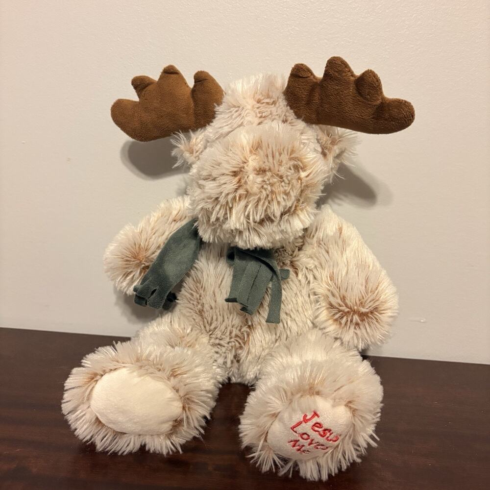 Fiesta Moose Plush Jesus Loves You Tan Brown White Fuzzy Green Scarf 14"